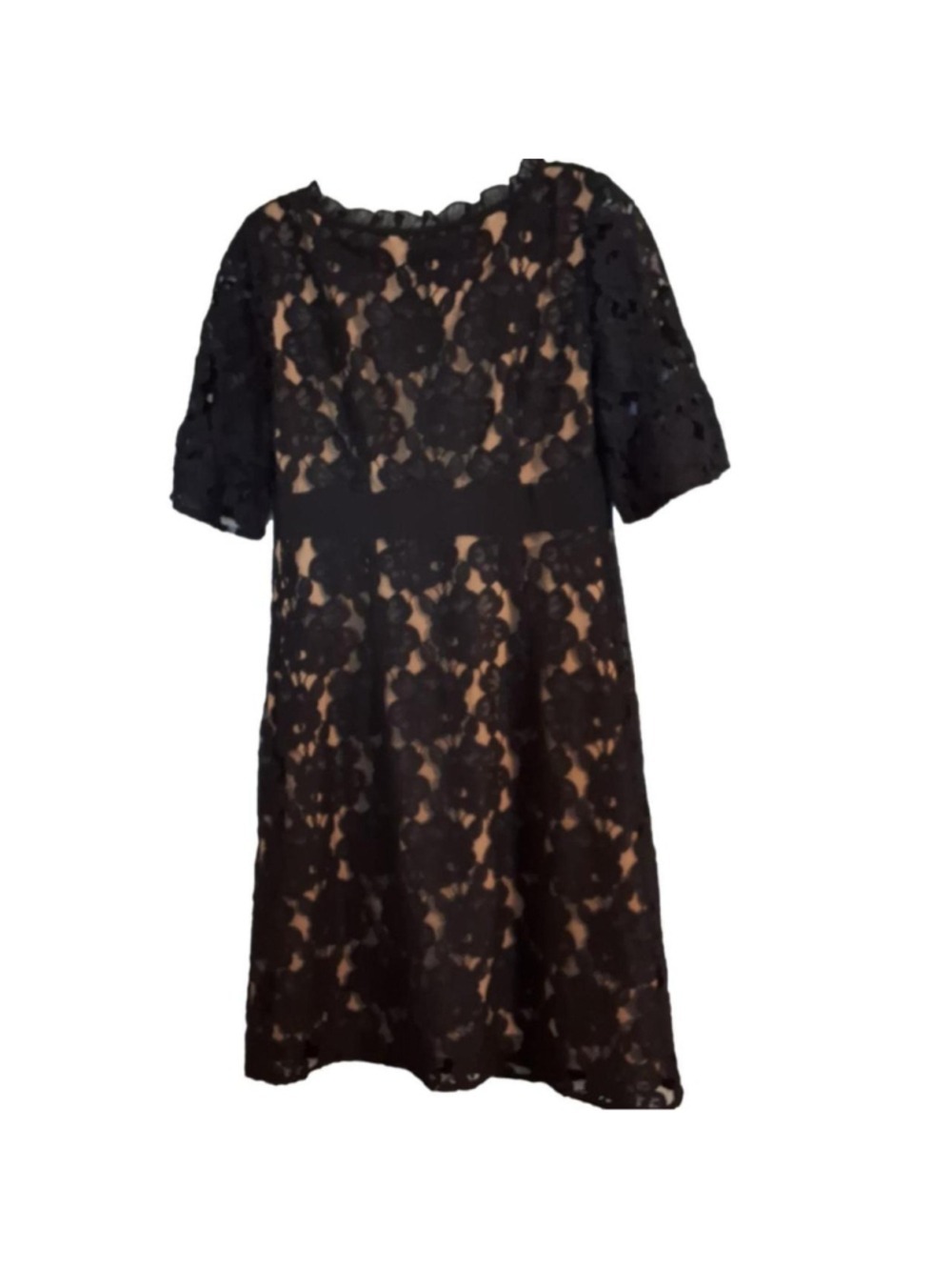 LOFT black lace midi dress with nude lining short sleeves Size 2 - Picture 2 of 7